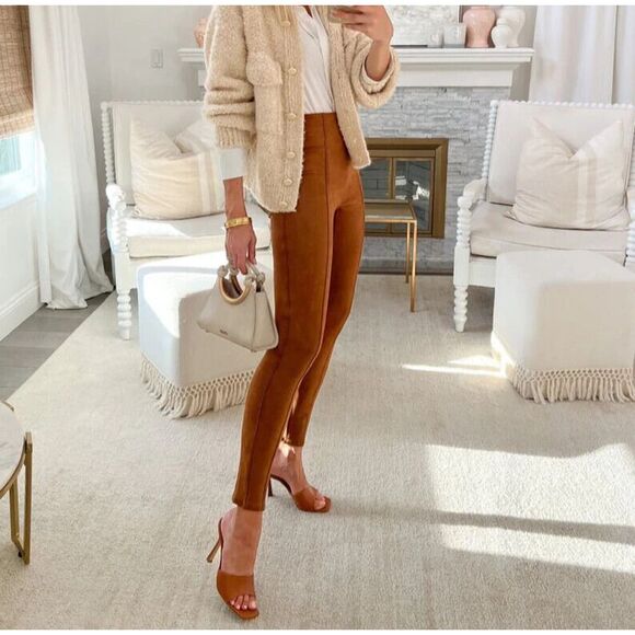 SPANX Faux Suede Leggings Womens Medium High Waist Slimming Pull On Rich Caramel - Picture 3 of 12